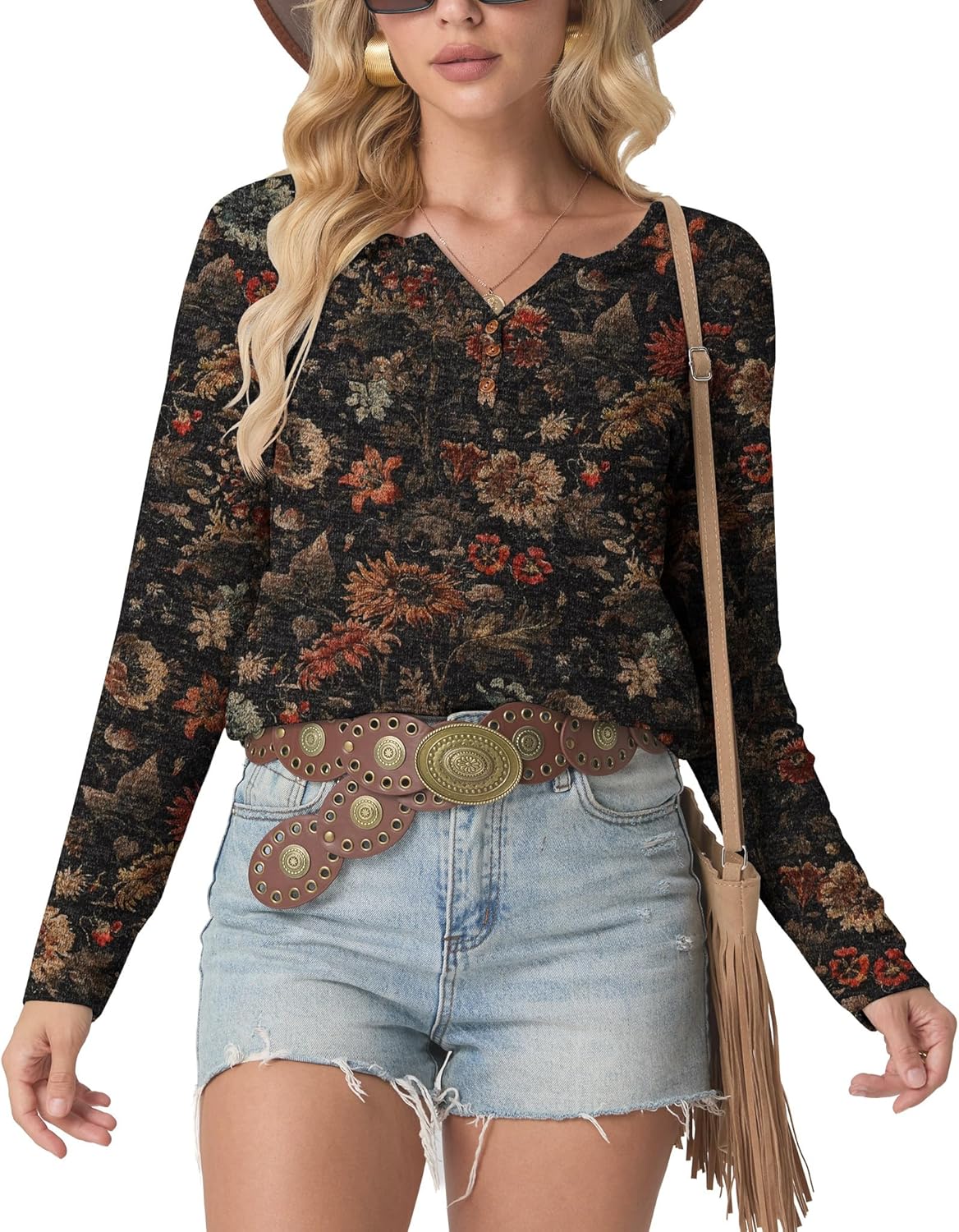 IWOLLENCE Womens Long Sleeve Aztec Western T Shirts Vintage Geometry Graphic Henley Tops Casual Button Down Blouse - Image 2