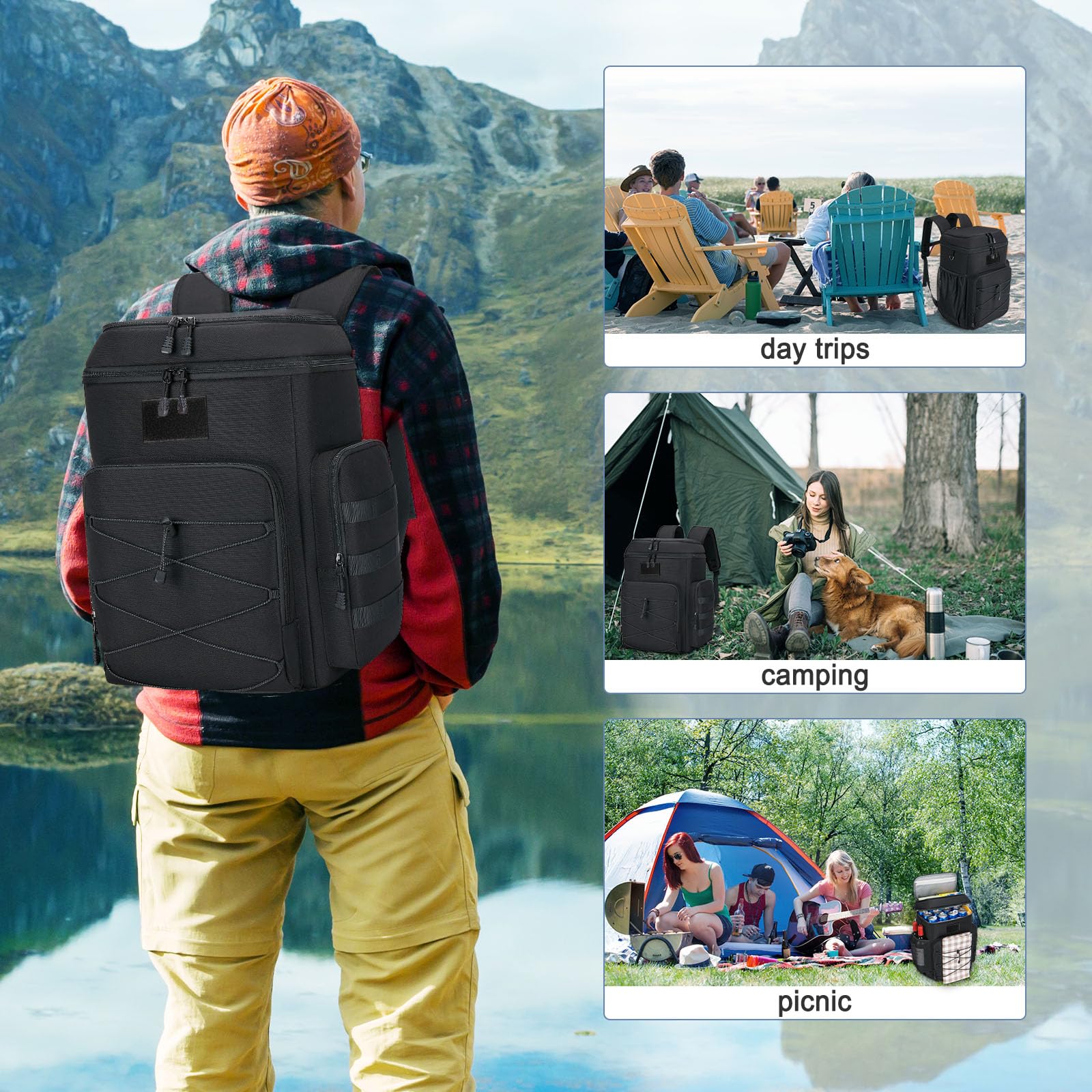 Borsa Termica Zaino 30L: Borsa a Tracolla Uomo, Doppiamente Isolata e Regolabile, Borsa Frigo per Picnic, Campeggio, Spiaggia - Nero