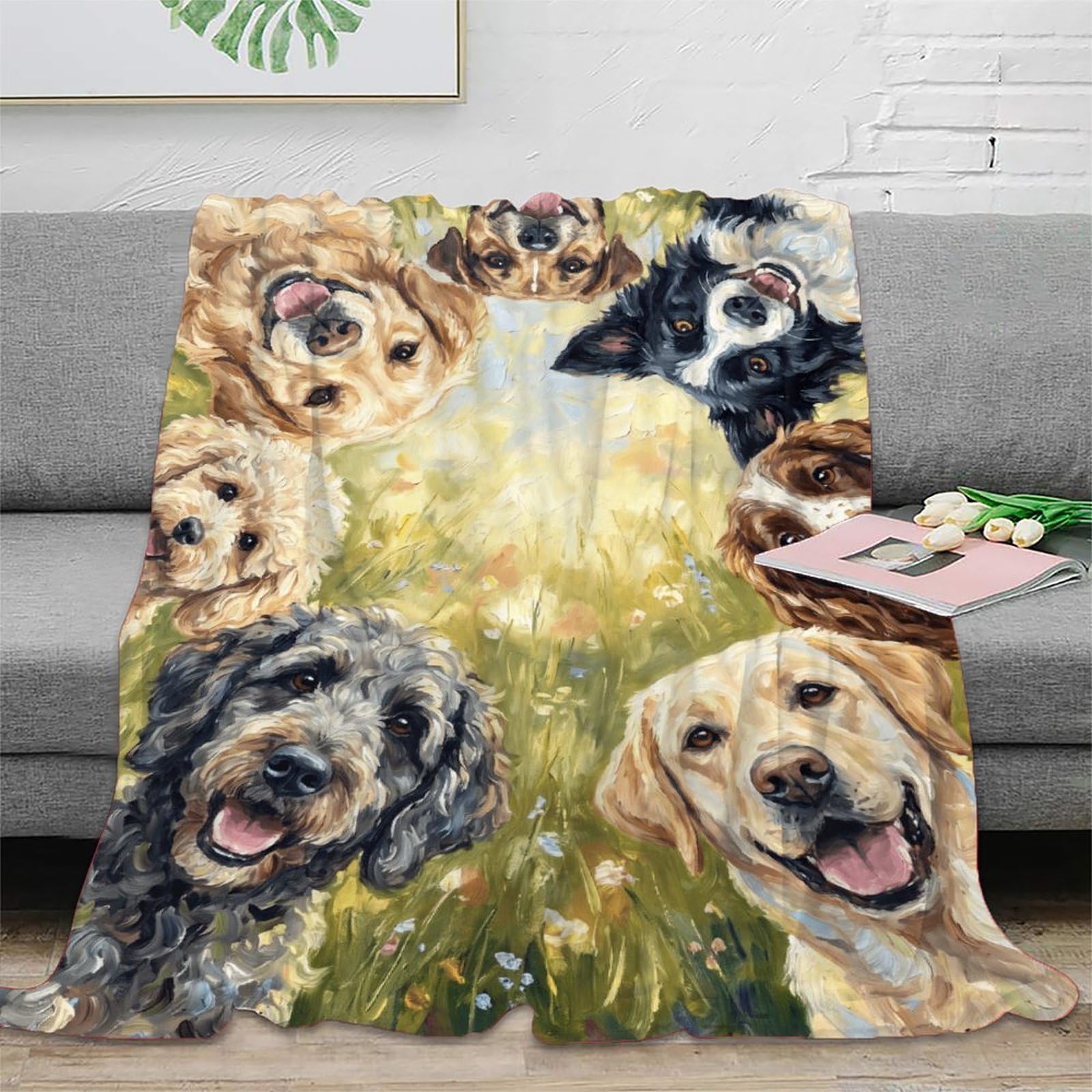 W7C8U2X3 Happy Dogs Wildflower Throw Blanket, Flannel, Happy Pet Portrait