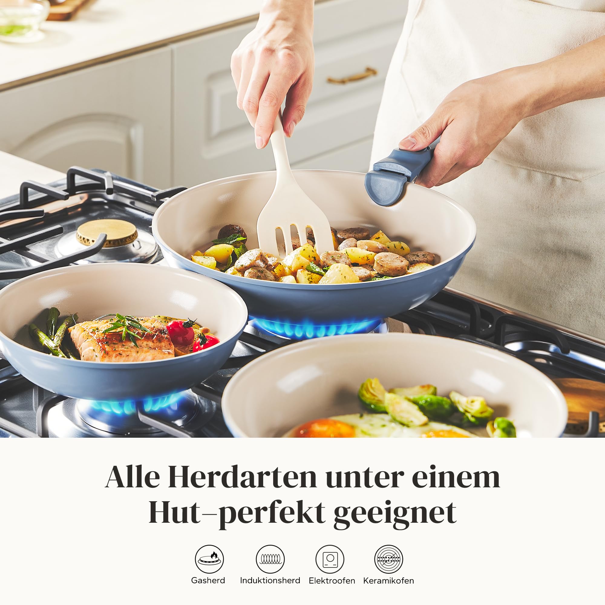 Redchef Zestaw patelni ze zdejmowanym uchwytem, patelnia indukcyjna, patelnia ceramiczna z powłoką zapobiegającą przywieraniu, 6-częściowy zestaw 20, 24, 28 cm oszczędzający miejsce, patelnie