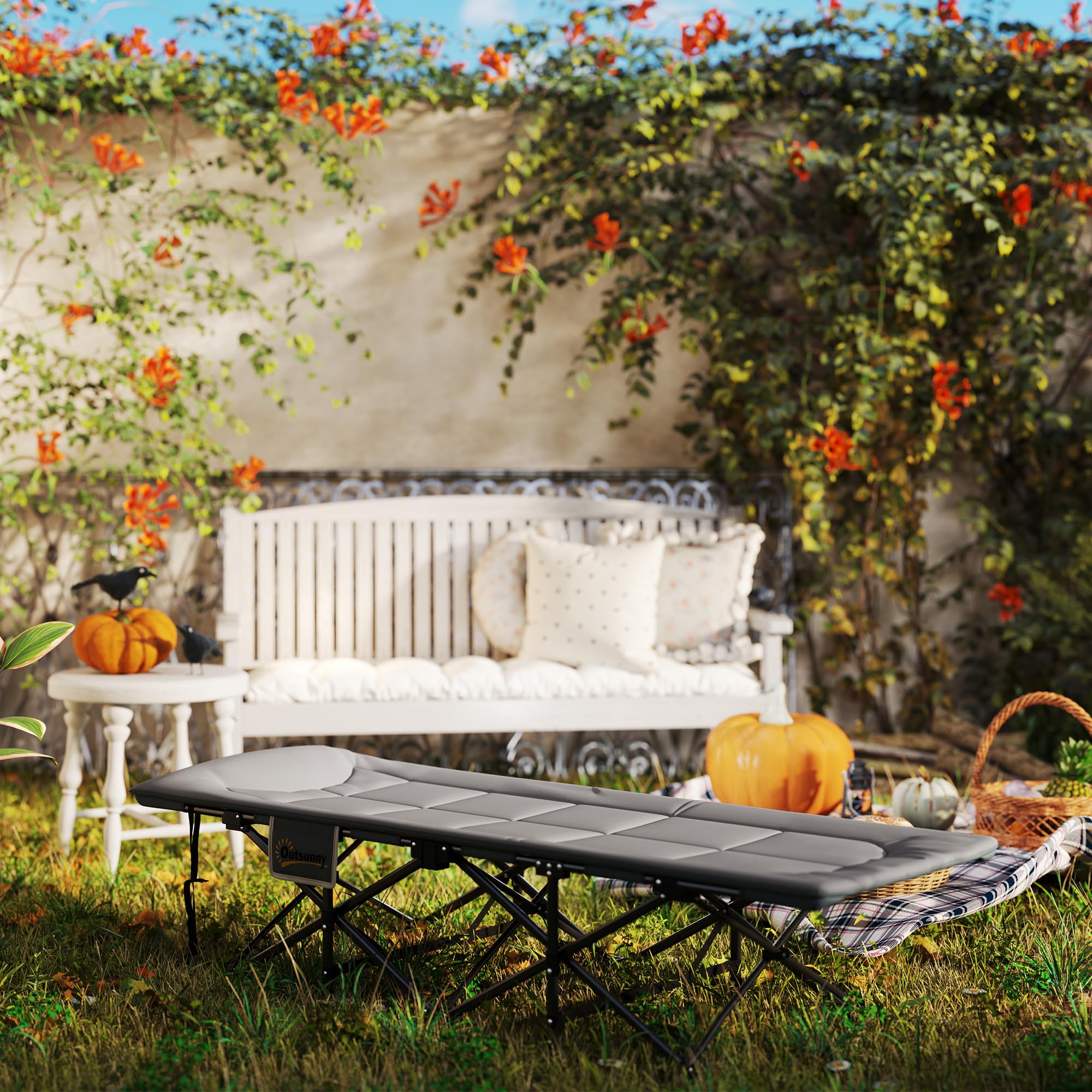 Outsunny Lettino da Campeggio Pieghevole con Cuscino Integrato e Tasca Laterale, Brandina da Campeggio in Metallo e Poliestere, Resistente a 150 kg, 187x67x37 cm, Grigio
