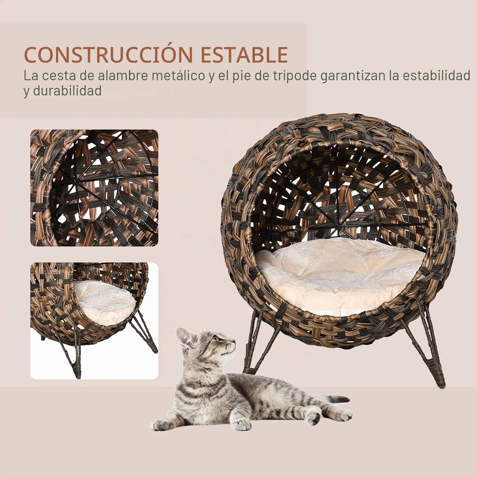 PawHut Cama tejida para gato 52cm con cojín, Marrón | Casa para gatito elevada de hoja de plátano trenzada a mano