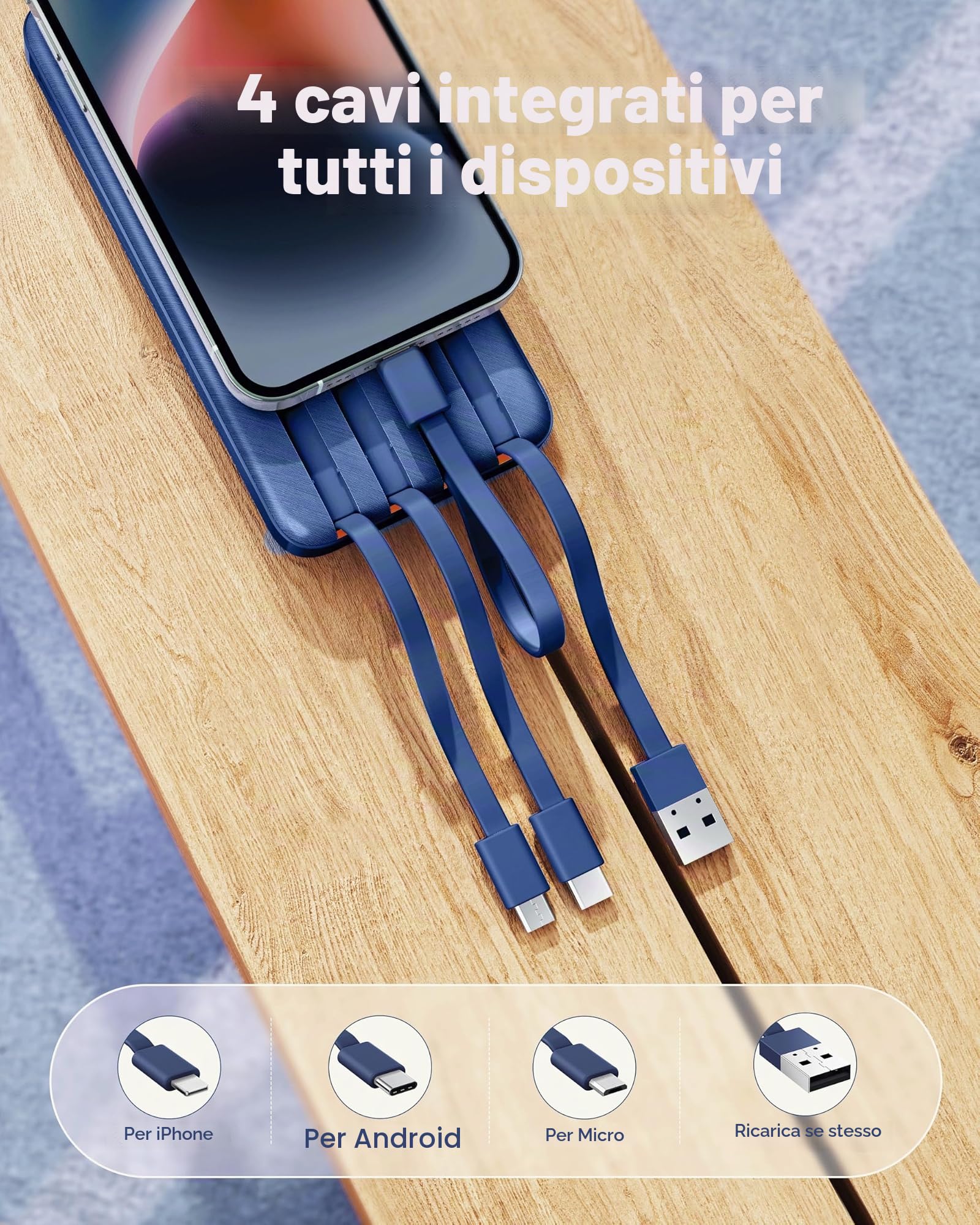 Charmast Power Bank da 20000 mAh con 4 cavi integrati, caricabatterie portatile veloce da 22,5 W per iPhone, Android, iPad, non sono necessari cavi aggiuntivi per viaggi, lavoro, emergenza (blu)