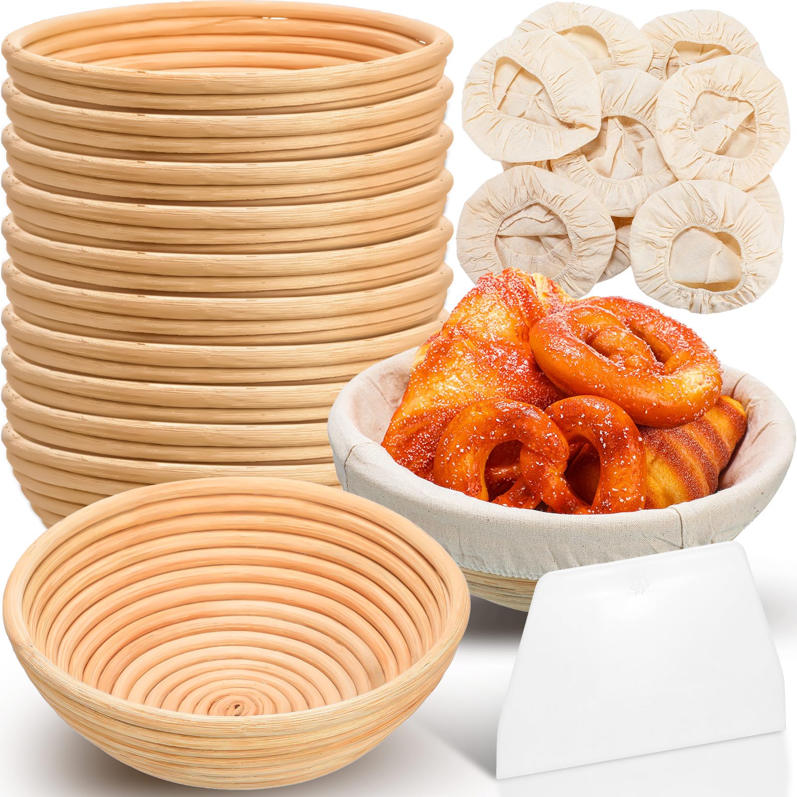 Gejoy 20 Sets Brotgärkörbe, Bulk-Form, Banneton, Teiggärschüssel-Set mit Stoffeinsatz und Kunststoffschaber, Sauerteig-Gärkörbchen für Zuhause, Sauerteig-Bäckerzubehör (rund, 21,6 cm)