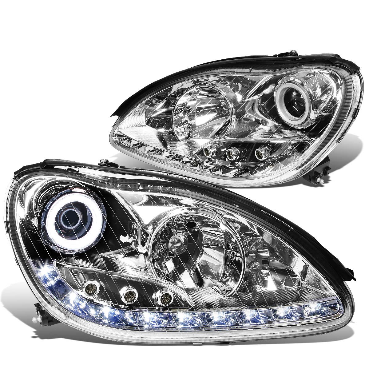 Auto Dynasty Pair Chrome Housing Halo + Amber LED Turn Signal Projector Headlights Compatible with Mercedes-Benz S-Class W220 00-06