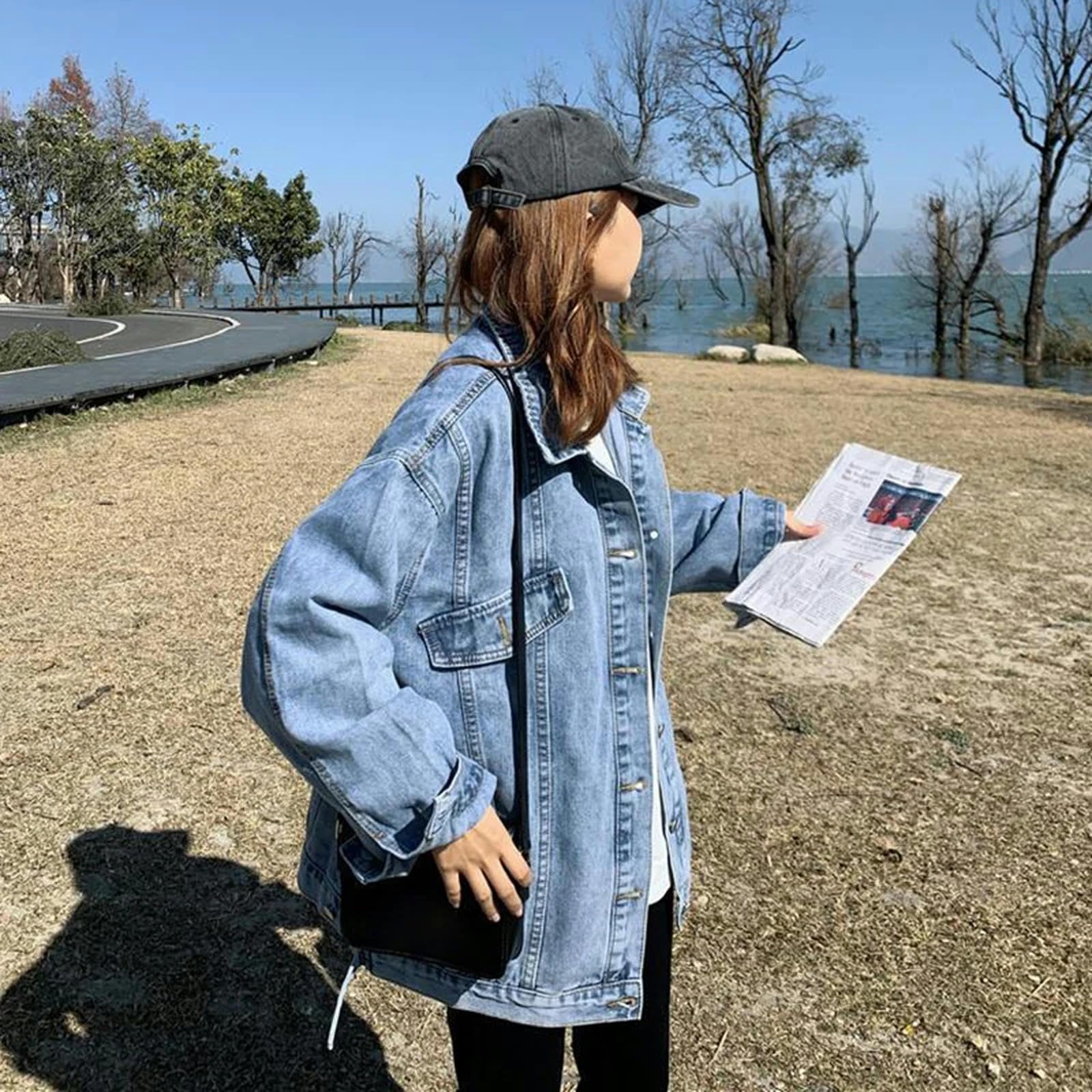 Giacca Uomo Giacca di Jeans Oversize da Donna A Manica Lunga Abbottonata Giunta Jean