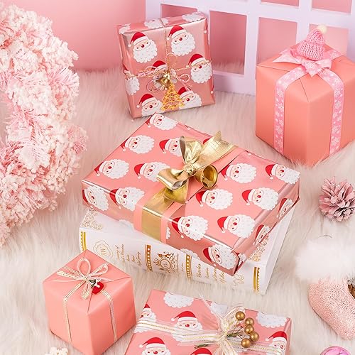 Miniatura 8 de WRAPAHOLIC Papel de regalo reversible de Navidad, mini rollo, 17 pulgadas x 33 pies, diseño frío de Papá Noel y rosa sólida con brillo metálico para