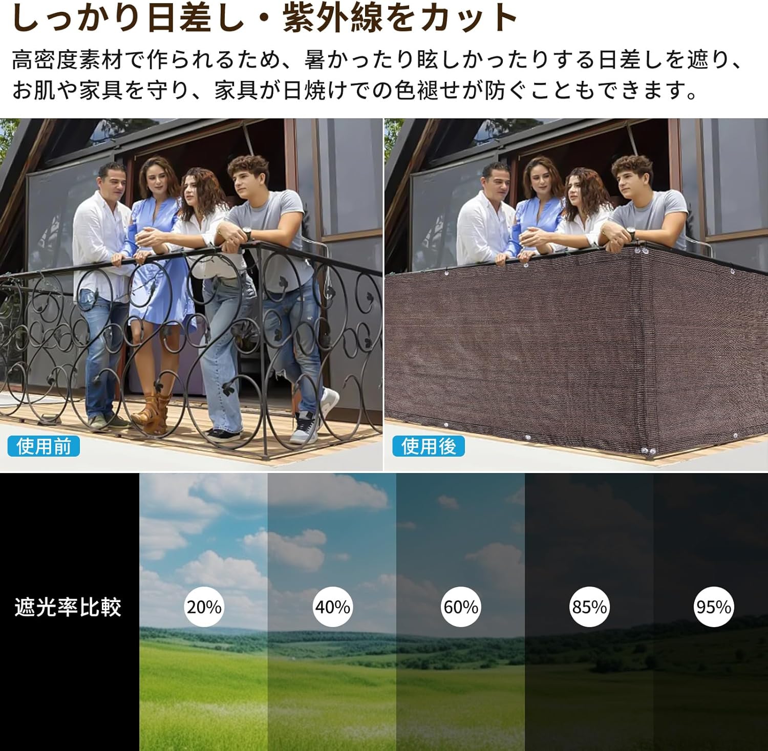 DANOFY ベランダ 目隠し シェード 180x100cm - 高密度ポリエチレン 風通し良い uvカット プライバシー保護 バルコニーシェード マンション フェンス 家 庭 モカ色