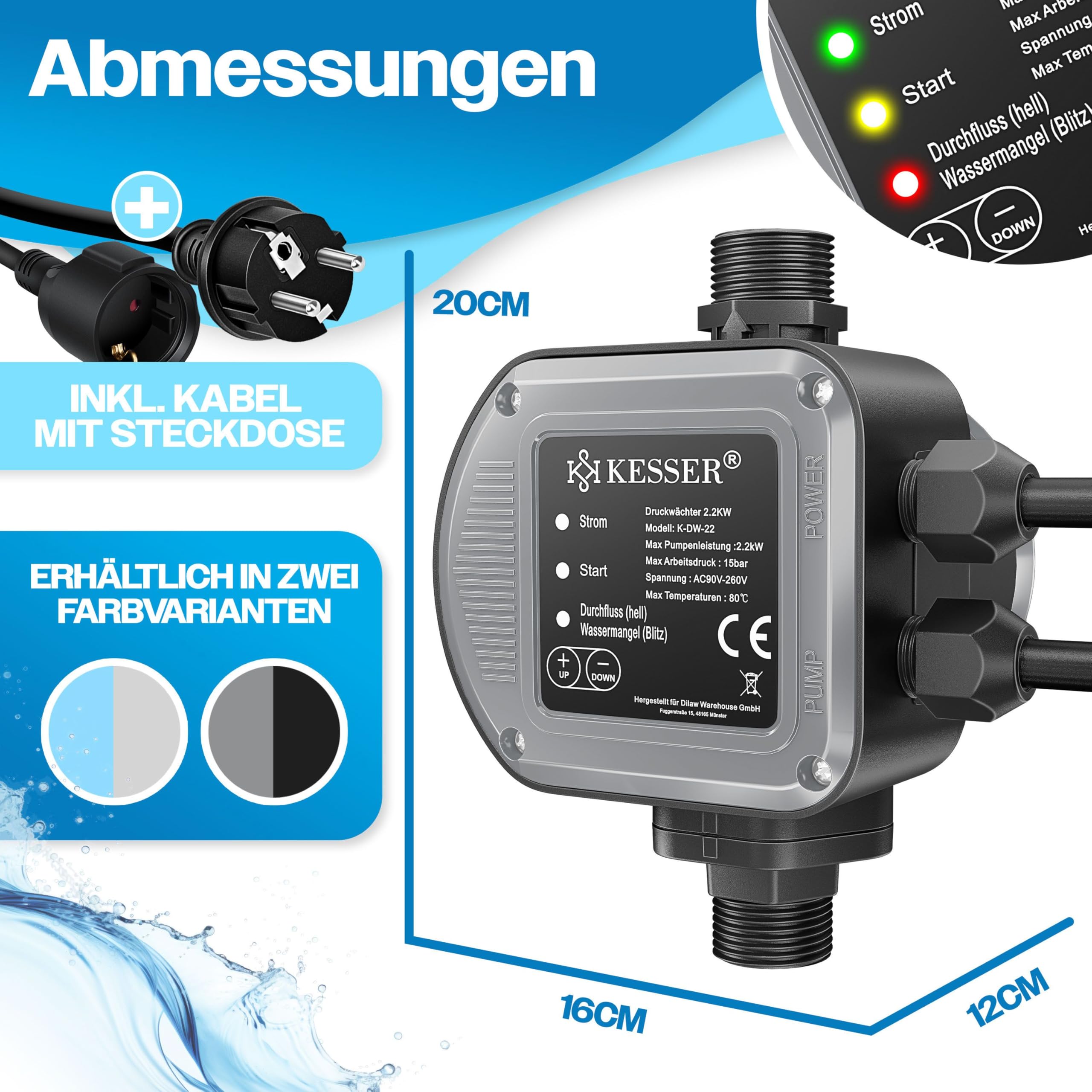KESSER Interruptor de presión con regulador de presión, 15 bar, control de bomba, sistema de agua doméstica, riego de jardín, con cable, presión de agua constante, para jardín y casa, encendido y
