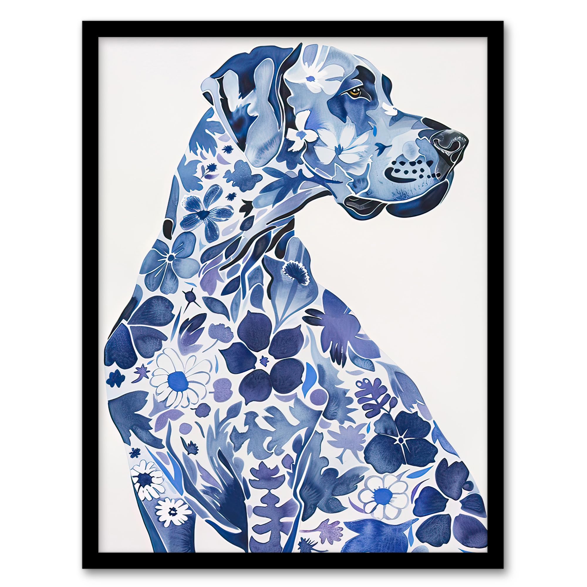Artery8 Floral Great Dane Blue Dog Lover Pet Portrait Living Room Artwork Framed Wall Art Print 18X24 Inch