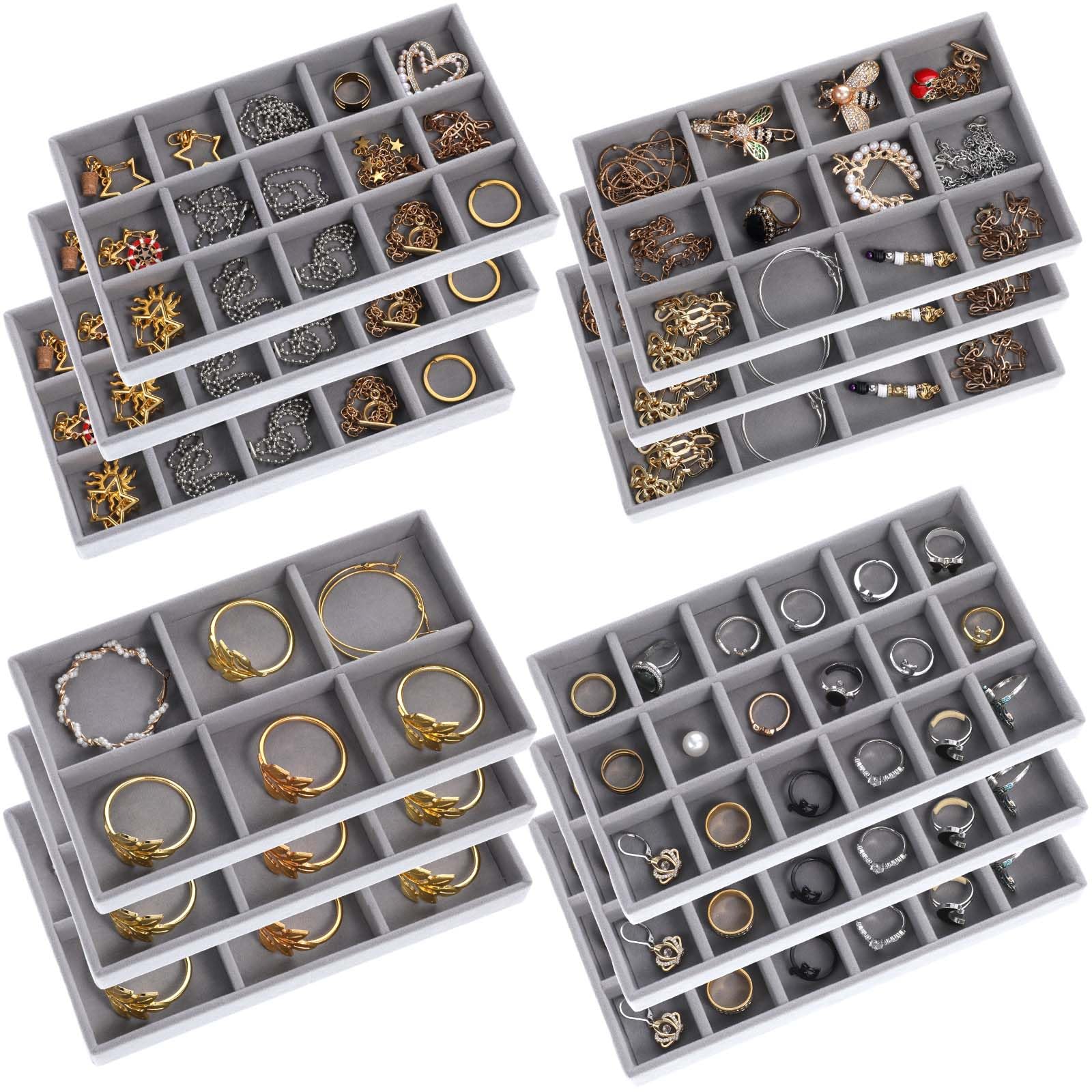 DIVINA VITAE 12Pcs Velvet Jewelry Trays for Drawers, Divided Stackable Grid Jewelry Trays, Inserts Jewelrys Drawer Organizer for Earrings Rings Necklace Bracelets Storage Display(Grey, 4 Styles)