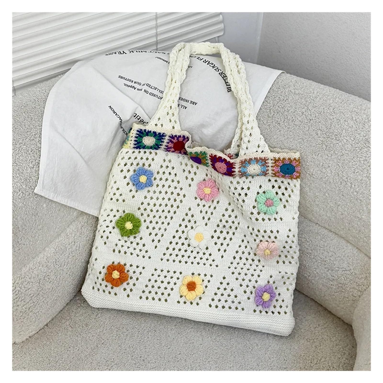 Bolso de Flores de Crochet Bolso de hombro tejido estilo étnico gran capacidad, bohemio, crochet, informal, con estampado floral