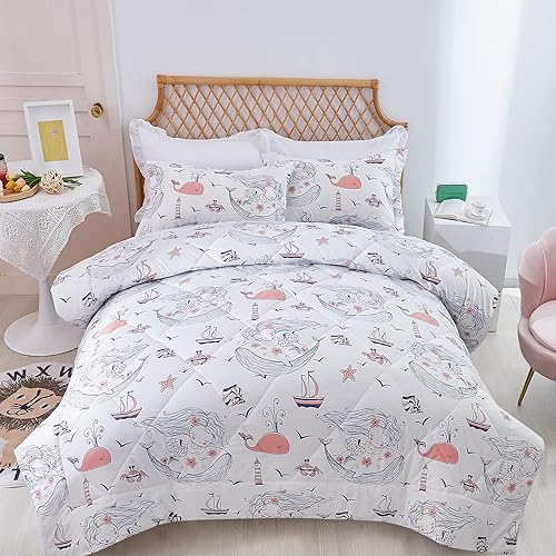 Miniatura 7 de JSD Juego de edredón de sirena tamaño matrimonial para niñas, edredón de microfibra de 3 piezas con temática oceánica con fundas de almohada,