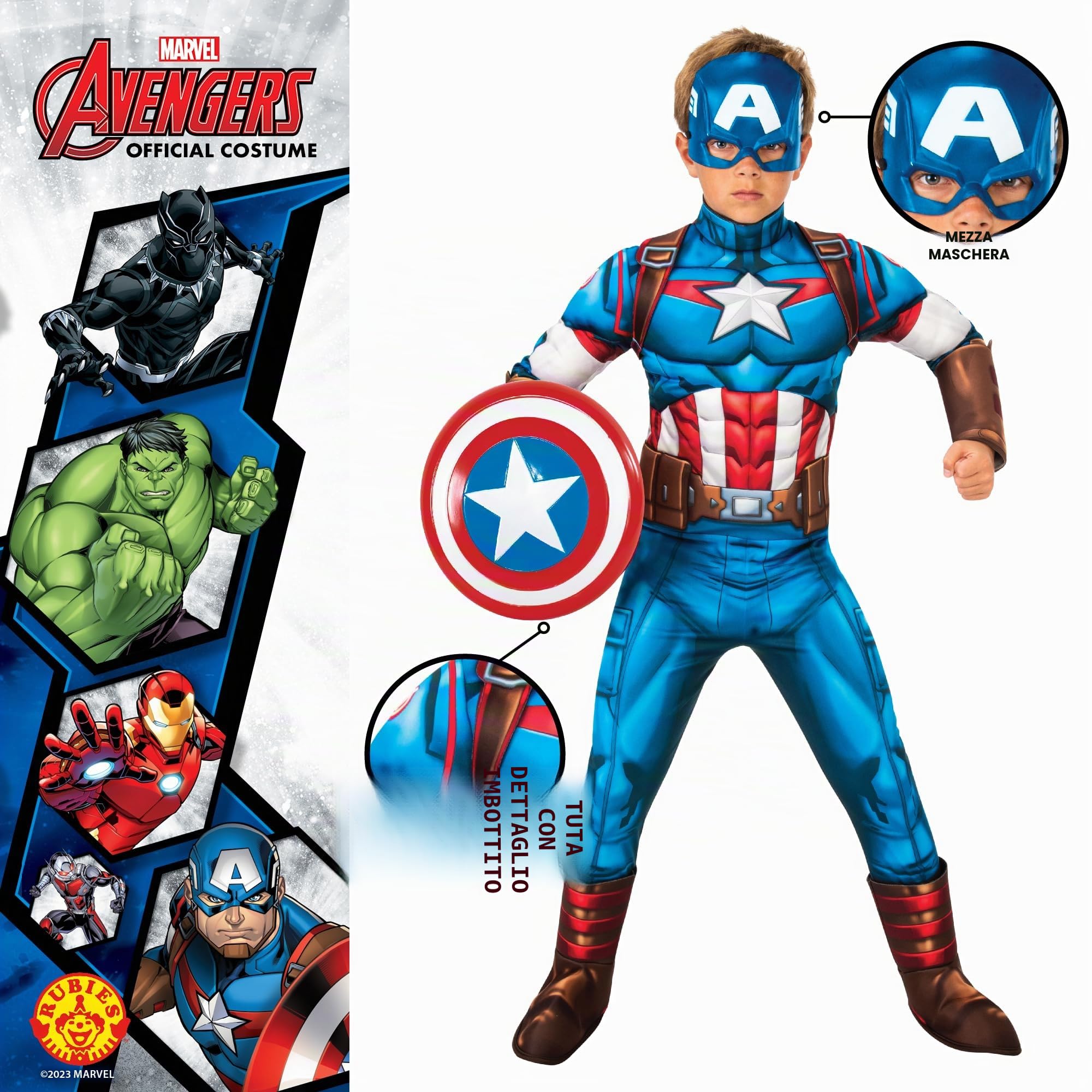Rubies Captain America Deluxe - Costume per bambini e ragazze, con petto imbottito, copristivali e maschera, ufficiale Marvel per carnevale, Natale, compleanno, feste e Halloween