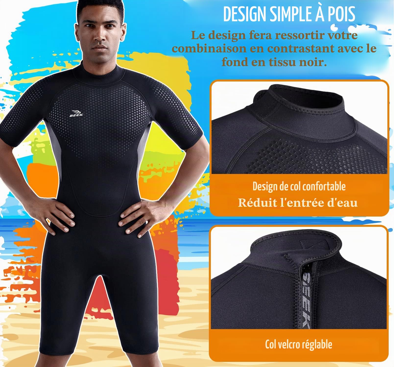 Combinaison en néoprène courte de 3 mm pour homme avec fermeture éclair dans le dos pour la plongée, la plongée avec tuba, le surf, le kayak, la combinaison en néoprène à manches courtes pour les