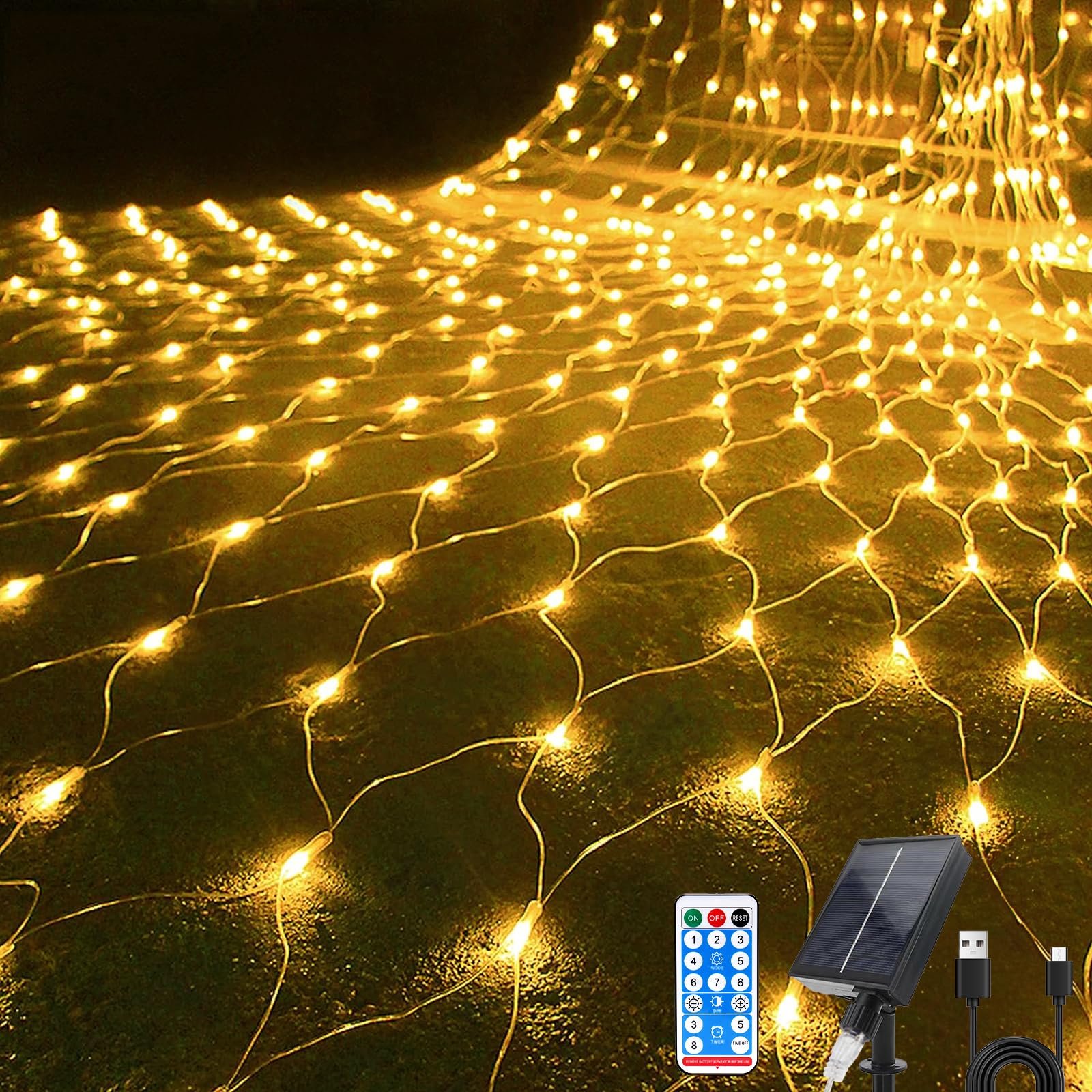 Red de Luces Led Navidad Exterior 2 * 3M, 192 LEDs Luces de Cadena de Red Solares con Remoto y Momento, Luz de Decorativas al Aire Libre, Guirnaldas Neta Luz para Arbustos Jardín