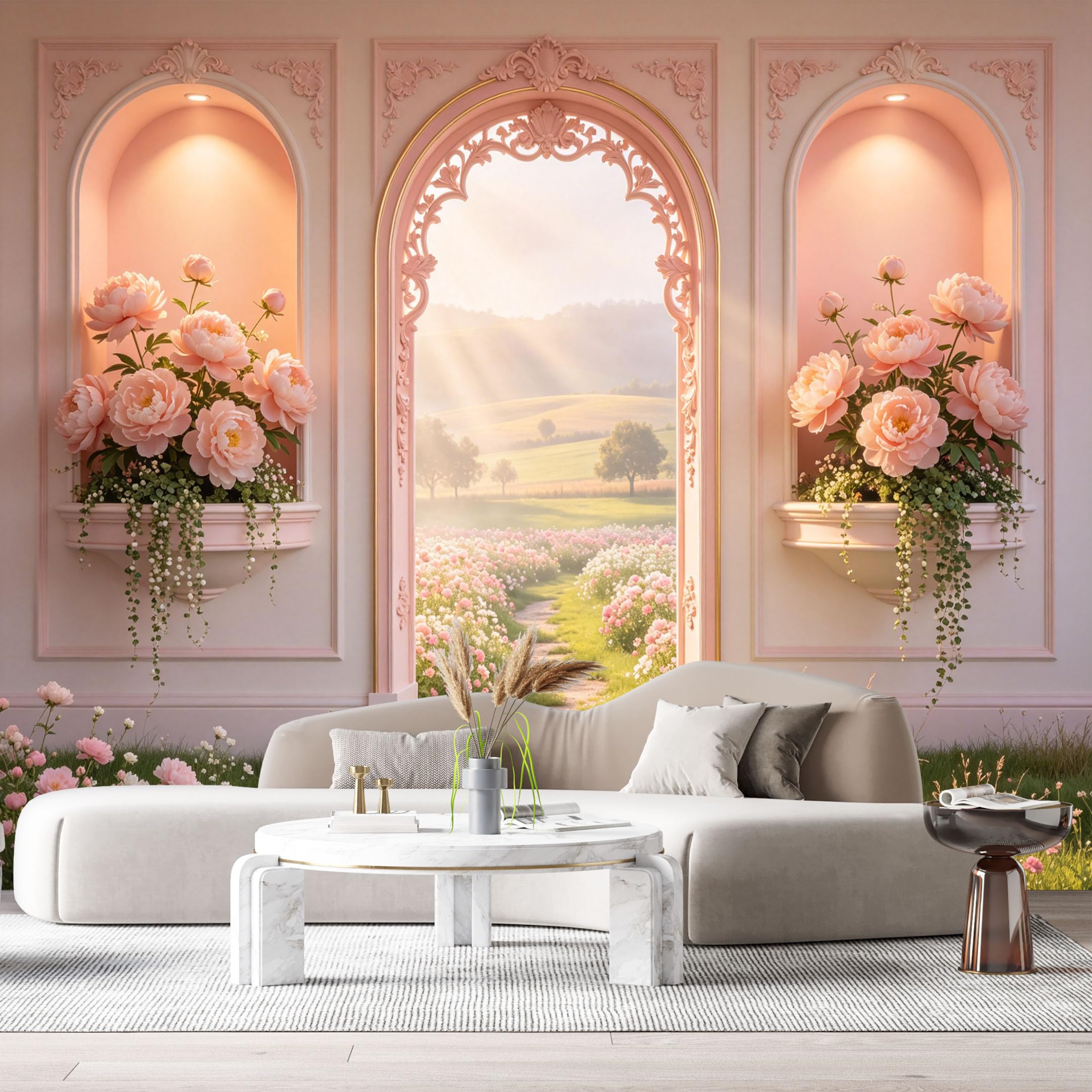 Custom Size Wall Murals Pink Peony Flower Archway 3D Trompe Loeil Neoclassical Style SelfAdhesive Wall Fabric Removable Large Wallpaper for Photo Living Room