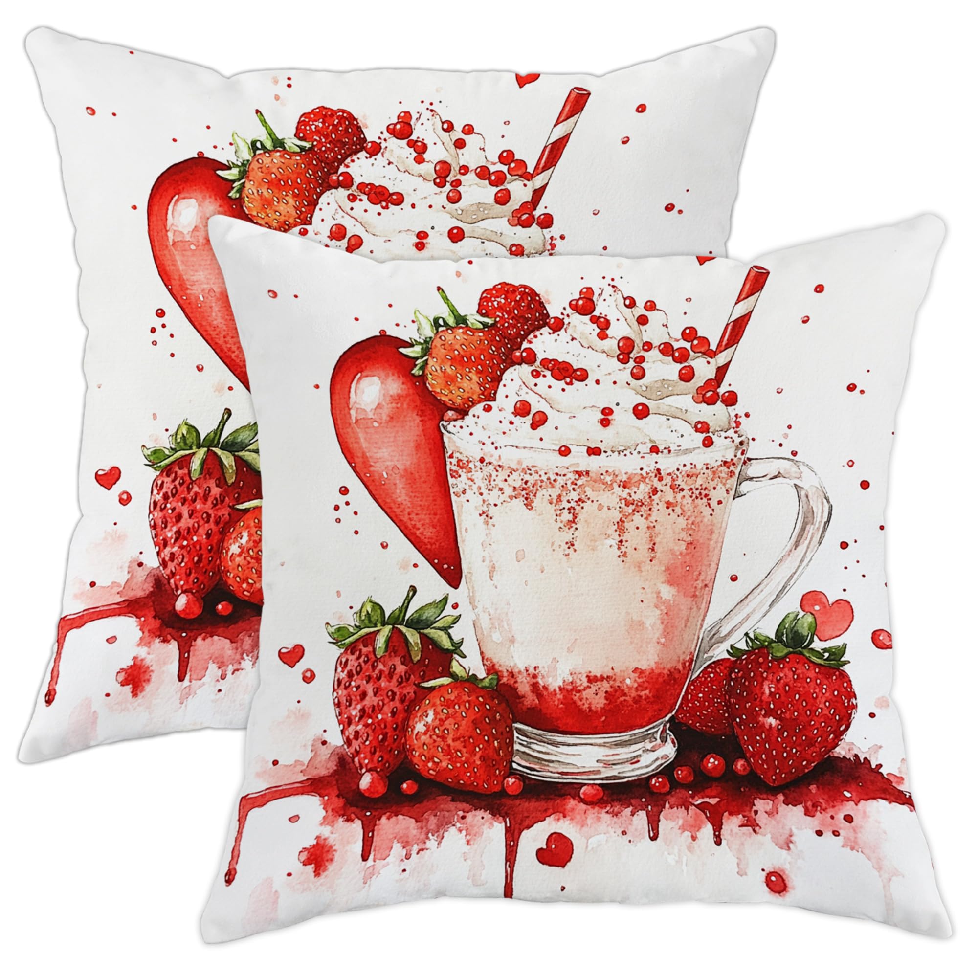 Strawberry Themed Pillow Covers Set of 2, Red Berry Milk Decorative Throw Cushion Cases, Spring Summer Heart Design for Home Sofa Bed Couch Decor 16x16 Inch