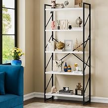 5 Tiers Bookshelf, Tall Wooden Bookcase with Metal Frame, Modern Book Rack, Free Standing Books Holder Organizer, Storage Shelves for Home Office, Living Room, Kitchen, Bedroom, White/Black