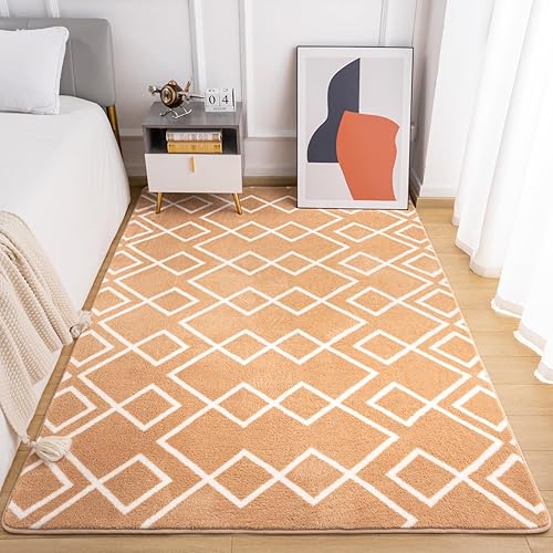 Miniatura 3 de Toneed Alfombra geométrica para sala de estar, 5 x 7 pies, color camello lavable, alfombra Morccan moderna de pelo bajo para dormitorio, guardería,