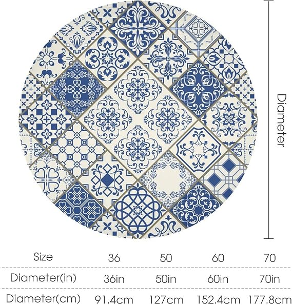 Blue White Patchwork Round Tablecloth, Vintage Spanish Portugal Style Patchwork Tile Waterproof Wipeable Table Cover for Picnic Holiday Party Kitchen Dining 36