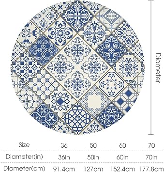 Blue White Patchwork Round Tablecloth, Vintage Spanish Portugal Style Patchwork Tile Waterproof Wipeable Table Cover for Picnic Holiday Party Kitchen Dining 36