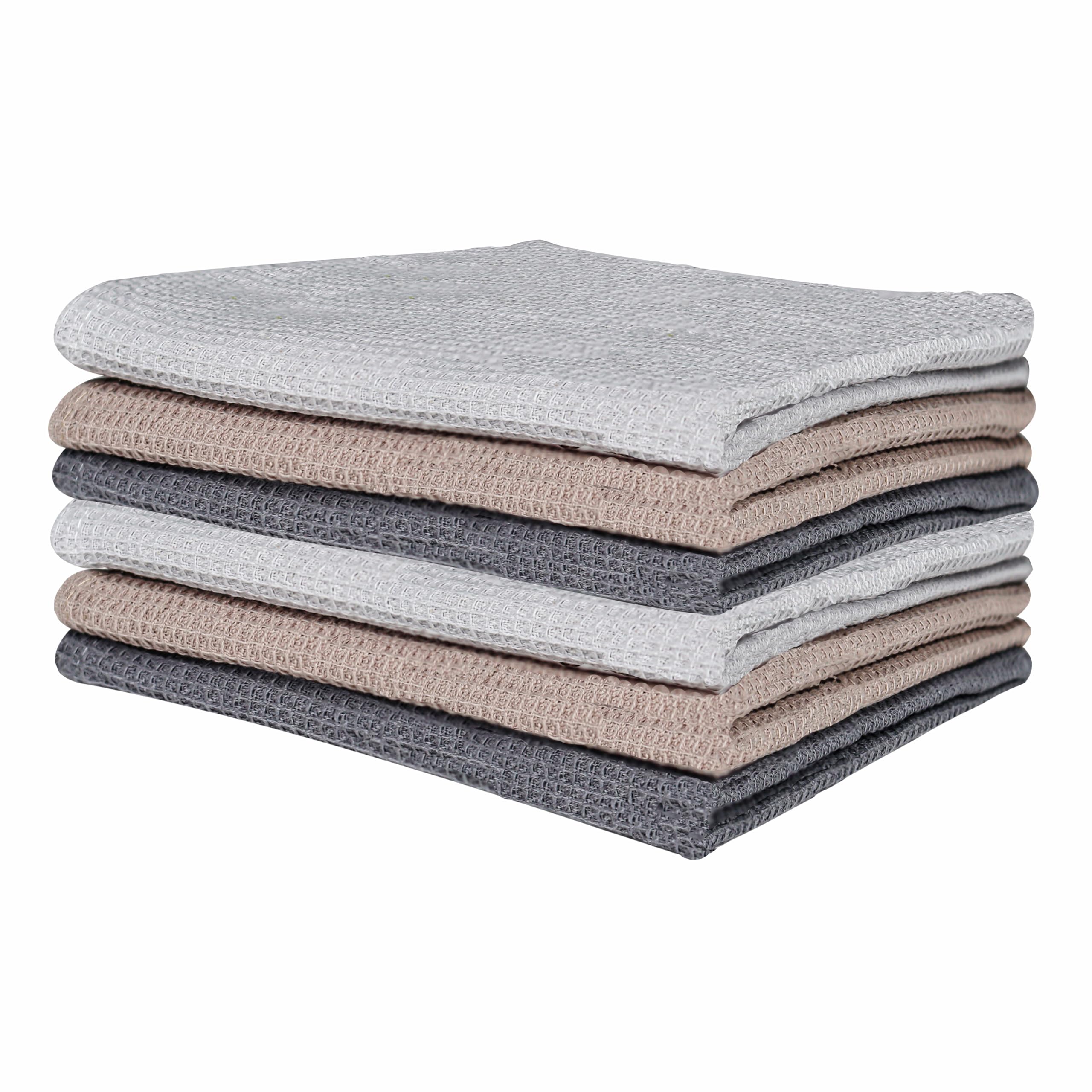 JINYUDOME Waffle Weave Kitchen Dish Cloth 100% Cotton Kitchen Towels Set Ultra Soft Absorbent Quick Drying Cleaning Towel 6 Pack- Dark Gray Brown&Light Gray