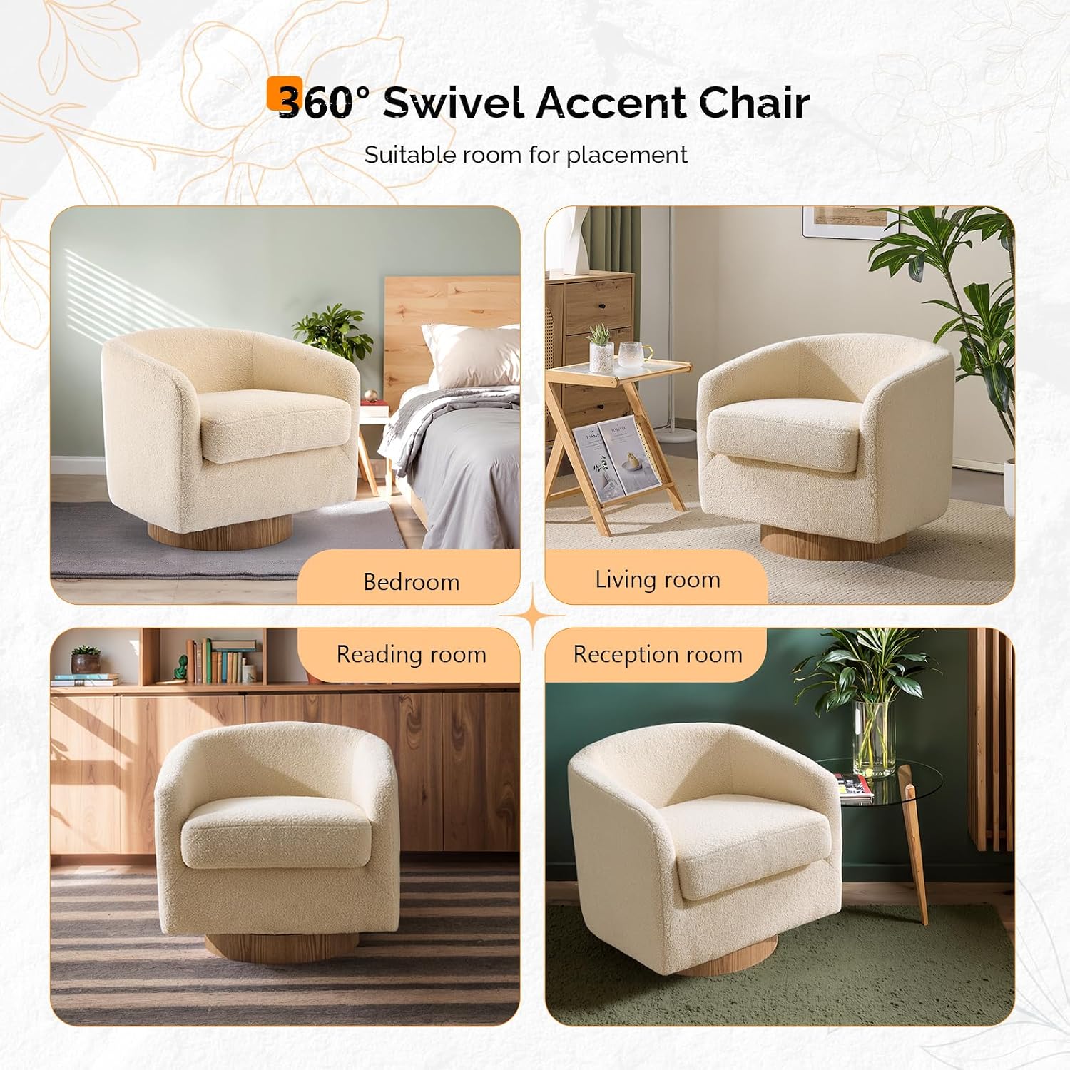 VINGLI 360°Swivel Accent Chair with Engineered Wood Base and Removable Cushion for Living Room, Bedroom, Curved Back Barrel Chair for Small Space, Upholstered Bucket Armchair, Teddy Khaki