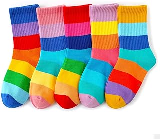 Kids Crew Socks Seamless Boys Girls Rainbow Stripes Socks Cotton Athletic Socks Unisex Cute Fun Socks Boot Socks 5 Pairs