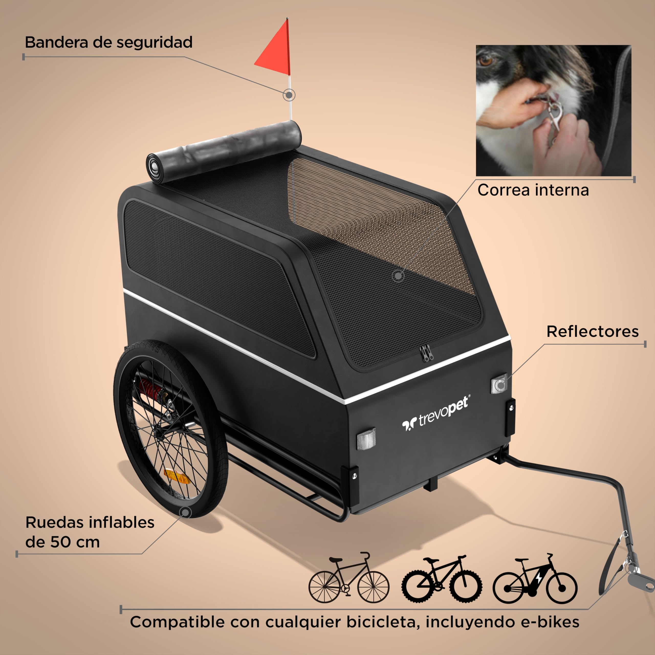 Remolque para Perros XL – Carrito Plegable con Rampa, Amortiguación, Enganche y Reflectores – Impermeable – hasta 45 kg – Compatible con Bicicleta Eléctrica