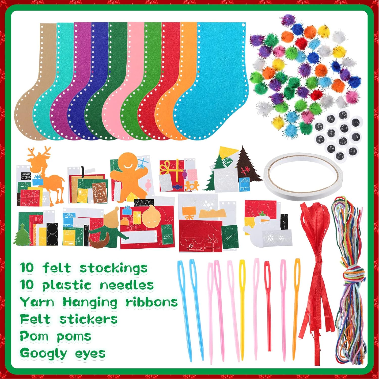 SATINIOR 10 Pcs Christmas Craft Felt Stocking Kits DIY Sewing Felt Stockings Christmas Ornaments Tree Wall Door Hanging