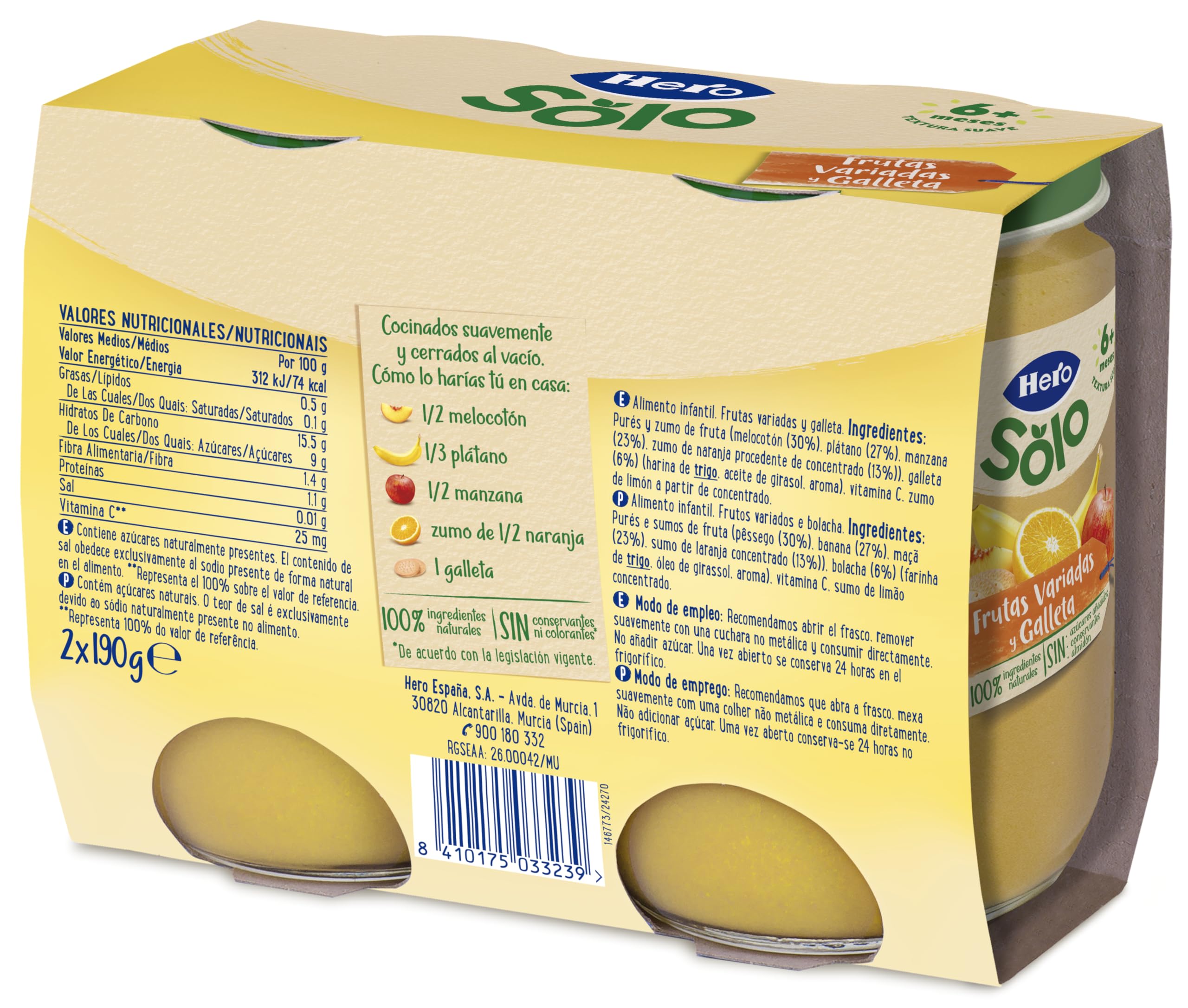 Hero Baby Merienda Tarritos de frutas variadas y galleta - Para niños a partir de los 6 meses - Pack de 2x190gr