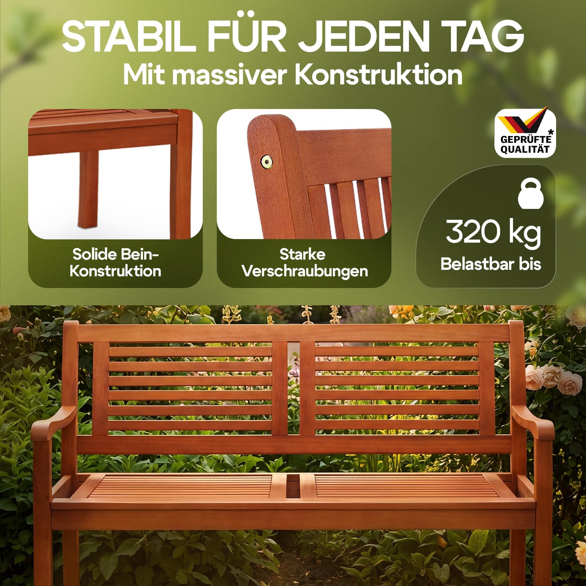 Casaria® Gartenbank Wetterfest Holz FSC®-Zertifiziert 320kg Belastbar 2-Sitzer Armlehne Rückenlehne 120x60cm Garten Balkon Holzbank Eukalyptus Braun