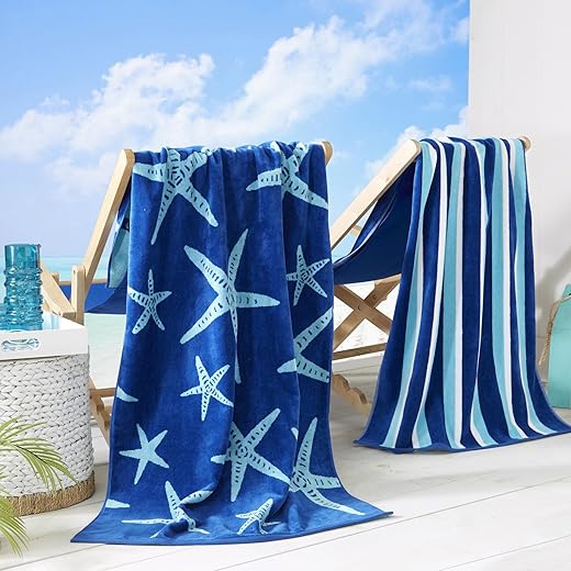 Great Bay Home Towel, Large Beach Cotton Towel Set of 2 - Starfish Beach Towels for Adults and Absorbent Velour Pool Towels, Lightweight Quick Dry Beach Towel Pack, Star Fish & Stripes