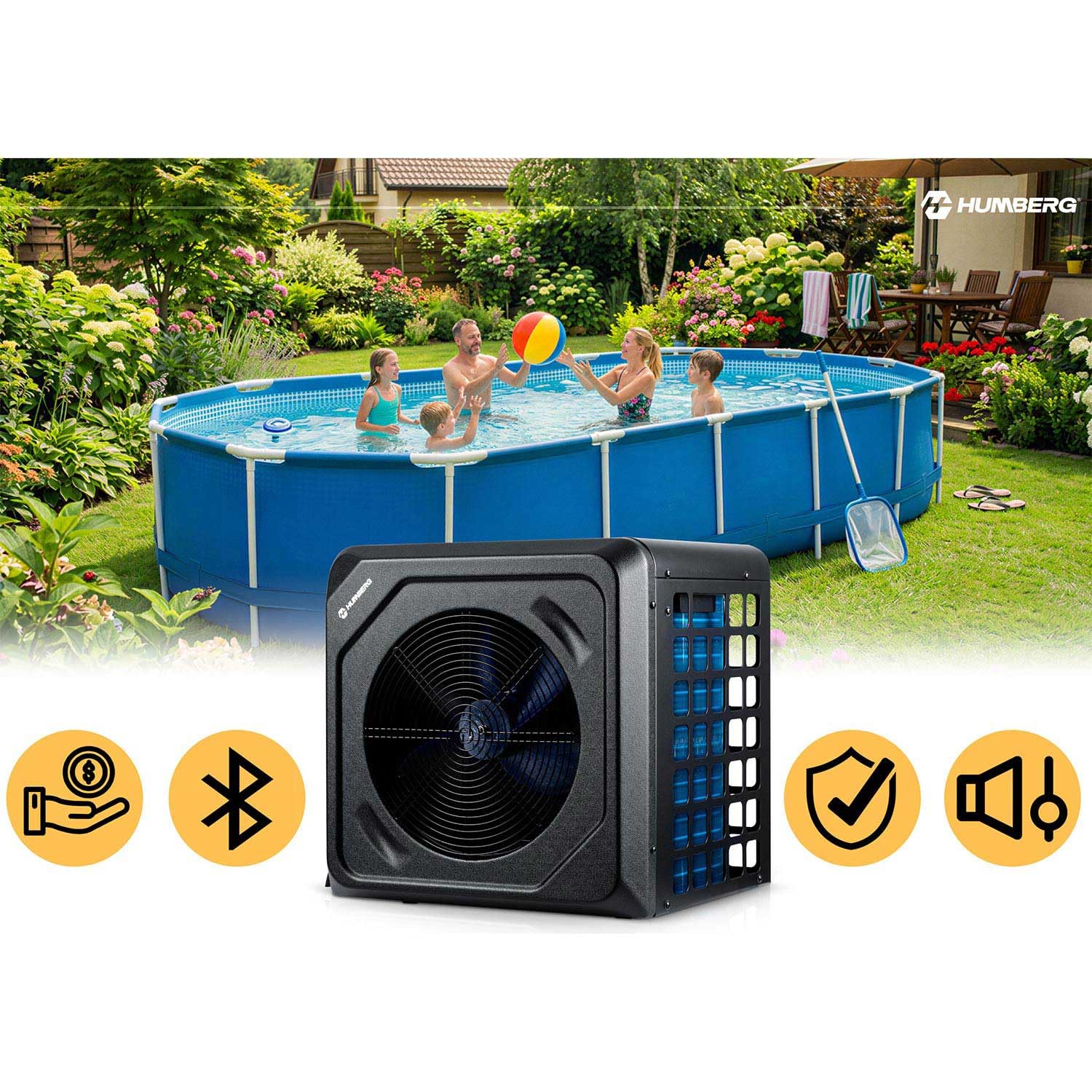 Humberg Pompa di calore per piscina, 5 kW, riscaldamento per piscine fino a 30.000 l, efficienza energetica, silenzioso 48 dB, controllo app Wi-Fi, LCD, COP 5,17, piscina da giardino fino a 8-20 m³
