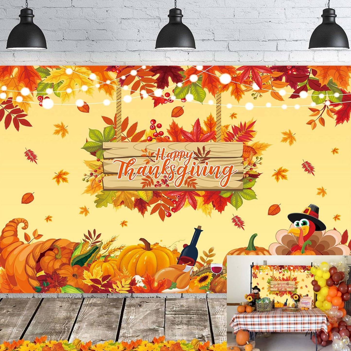 Fall Thanksgiving Backdrop Banner Happy Thanksgiving Turkey & Harvest