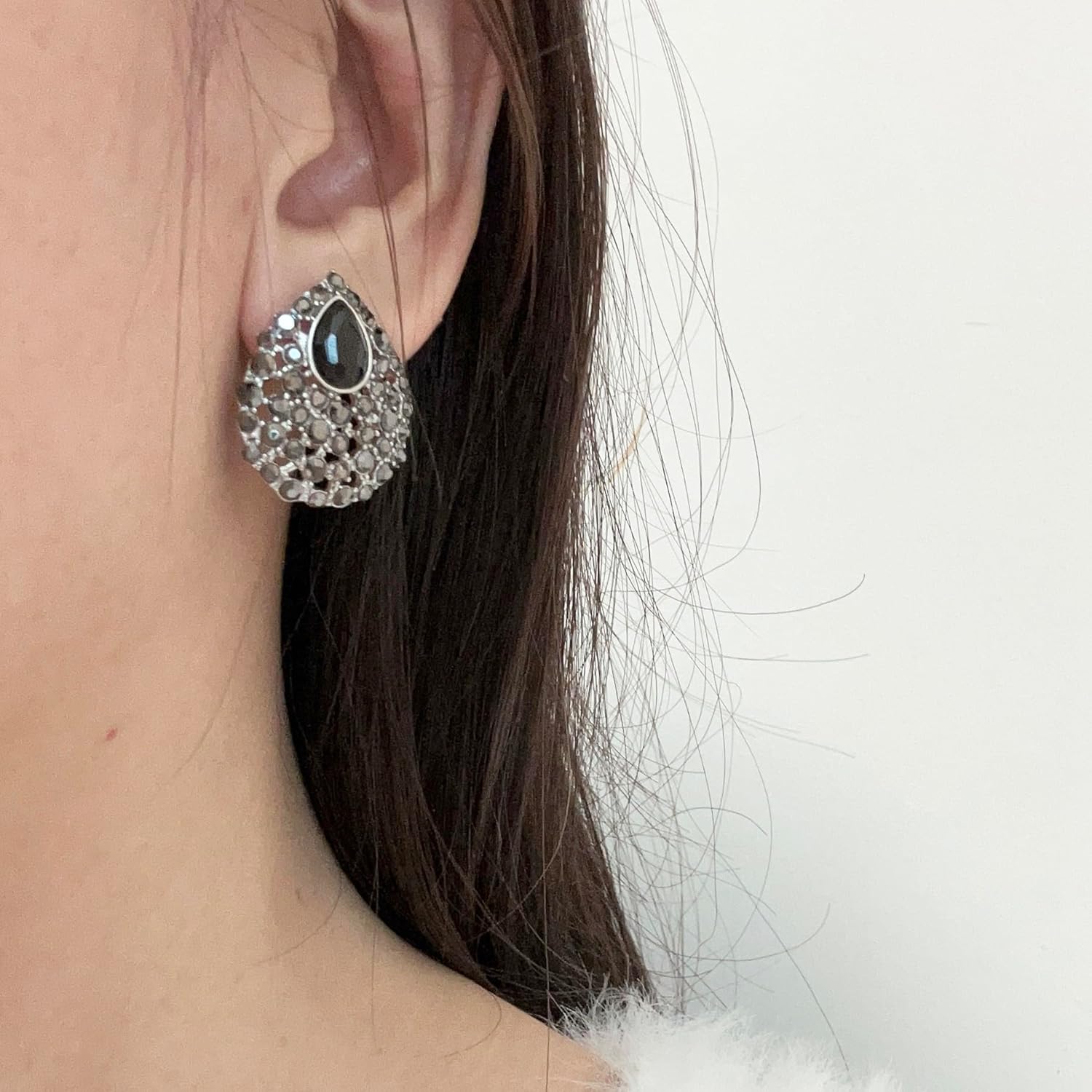 SELOVO Rhinestone Teardrop Big Stud Earrings Clip On Earrings - Image 2