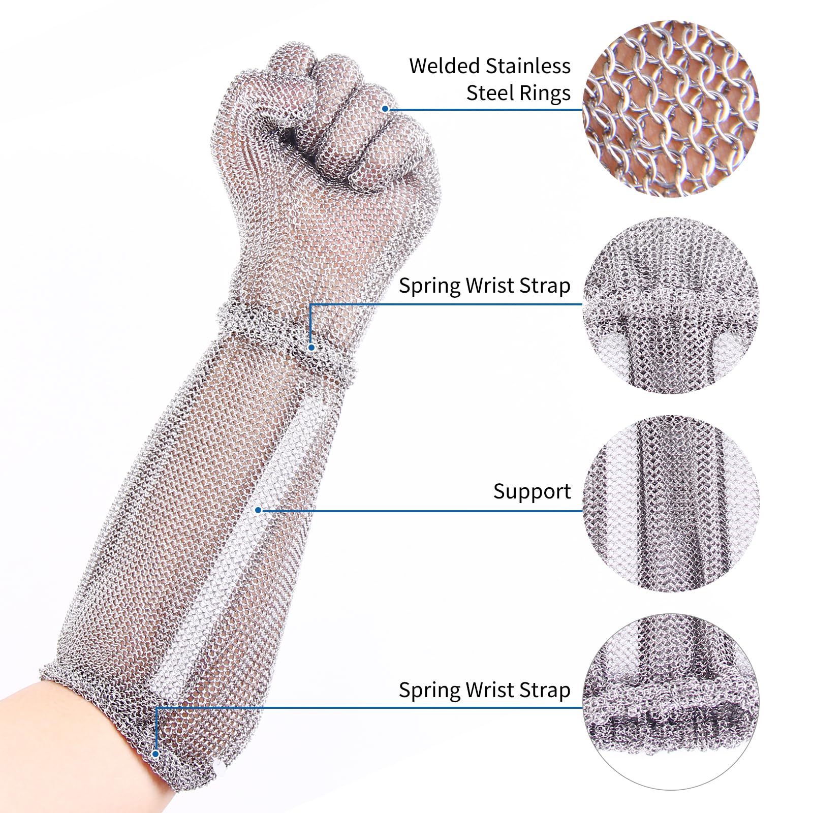 Guantes resistentes a los cortes de acero inoxidable, 20 cm de largo, puños con resorte, adecuados para carniceros y cocineros, guantes de seguridad para el procesamiento de alimentos (S)