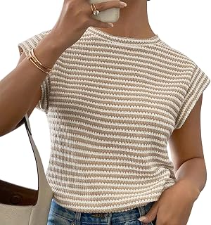 Women's Fashion Vests Crew Neck Striped Knit Short Sleeve Top