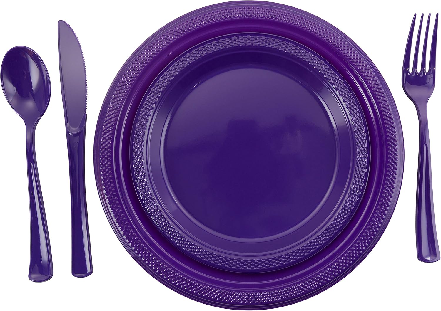 350 PCS Disposable Tableware Combo Pack INCLUDES: 50 9" Purple Plastic dinner plates | 50 7" plastic appetizer plates |50 plastic cups | 50 paper napkins | 50 plastic cutlery spoons forks & knives