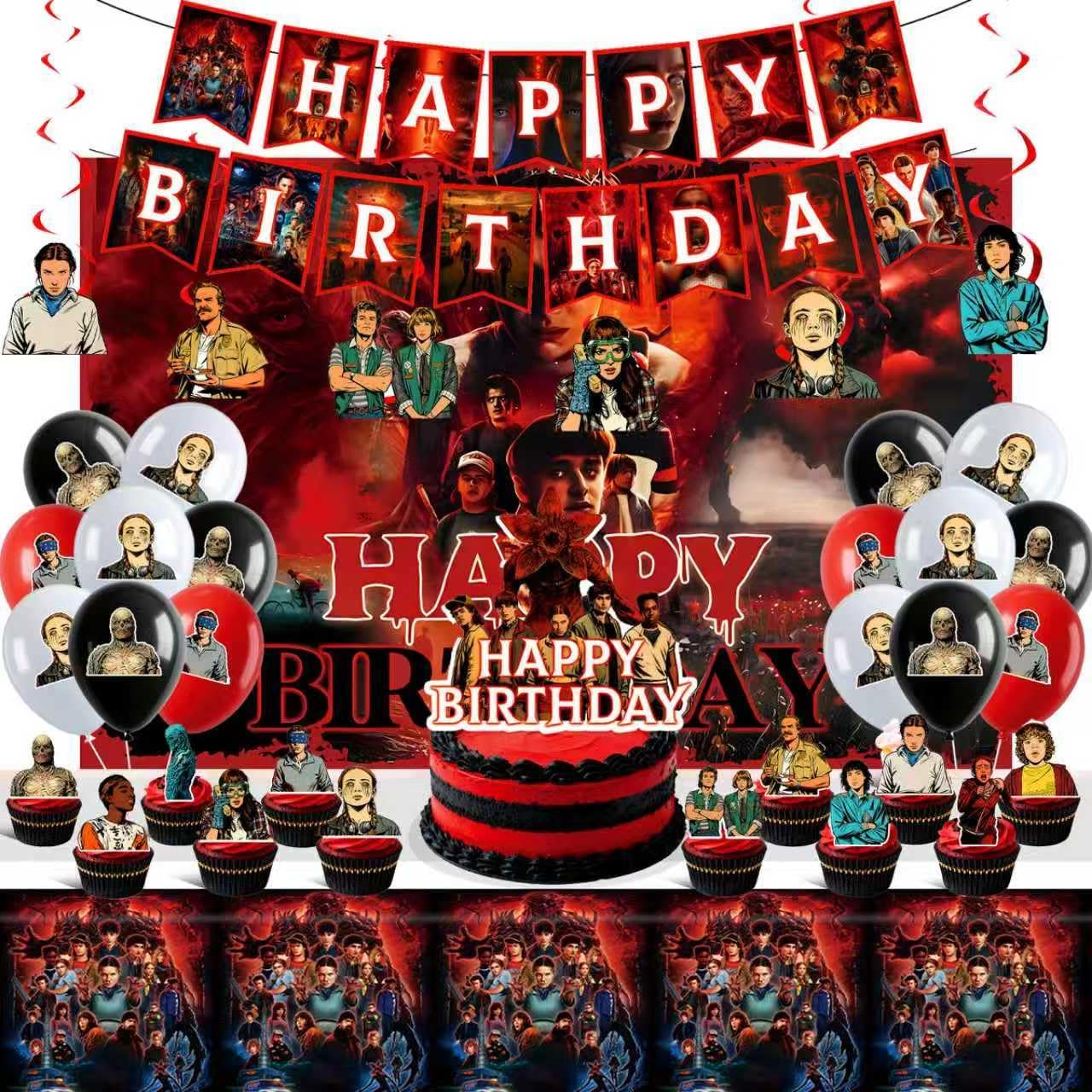 Stranger Birthday Decorations, Things Party Supplies Set Include Banner, Backdrop, Balloons, Hanging Swirls, Cake Cupcake Toppers, Tablecloth