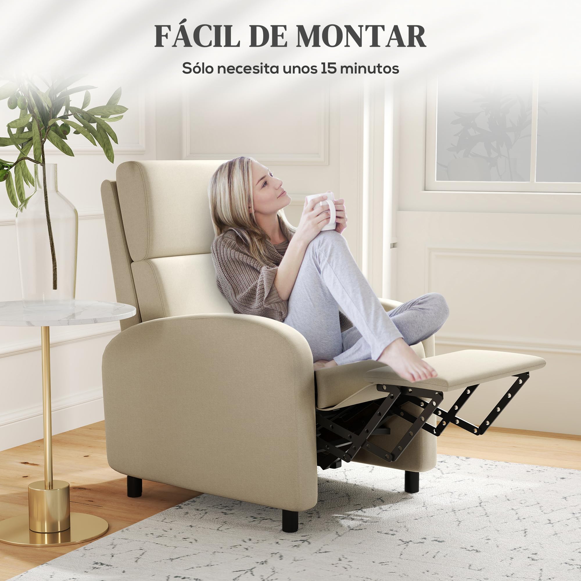 HOMCOM Sillón Relax Reclinable Manual Sillón Relax Tapizado en Lino Sintético con Reposapiés Respaldo Alto Carga 120 kg Butaca Reclinable para Dormitorio Oficina Crema