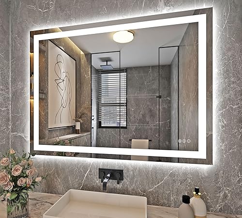 Espejo de baño LED de 48 x 36 pulgadas con parte delantera + retroiluminada, espejo de baño de vidrio templado con luces, antivaho, 3 colores con