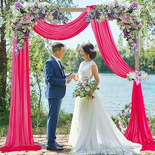 FUHSY Wedding Arch Draping Fabric Hot Pink 20FT 2 Panels Chiffon Fabric Drapery Wedding Arches for Ceremony Ceiling Drapes Archway Tulle Curtain Drapes Backdrop for Party Reception Swag Decor