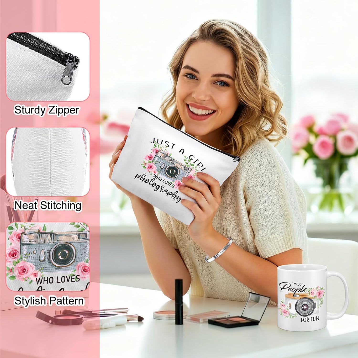 8 Pcs Photography Gifts for Women Include Photographer Notebook 12 oz Ceramic Mug Makeup Bag Camera Keychain Bracelet Card Inspirational Gift for Photo Lovers - Image 6