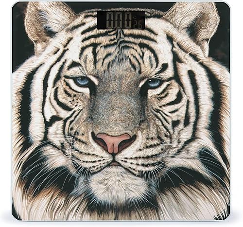 Báscula de cara de tigre blanco para peso corporal, báscula de baño digital, diseño de esquina redonda, báscula de peso corporal de alta precisión