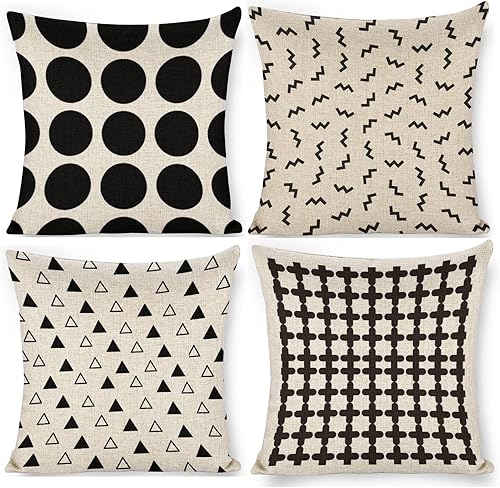 HOSTECCO Juego de 4 fundas de almohada geométricas para exteriores de 18 x 18 pulgadas, fundas de almohada bohemias en blanco y negro, impermeables,