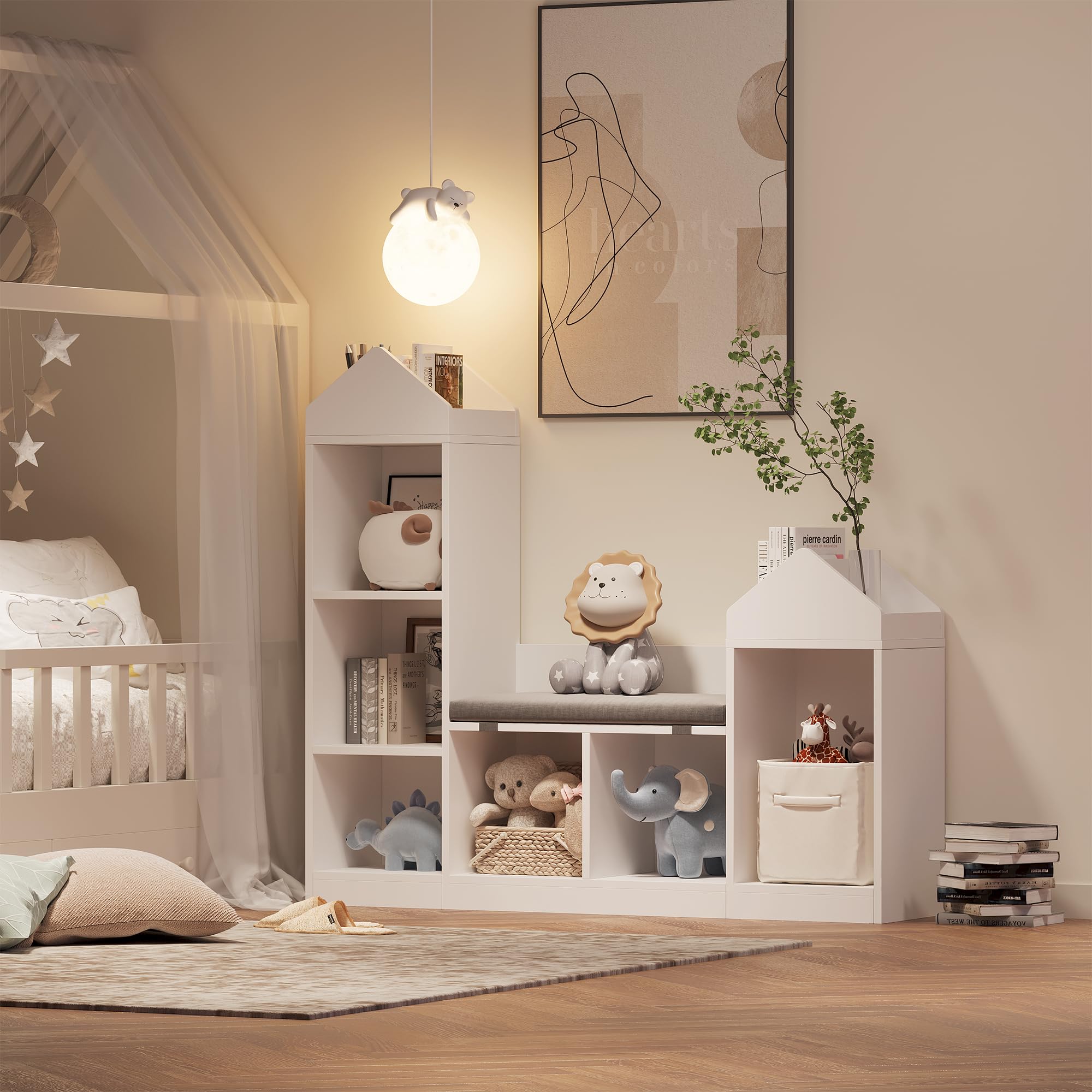 Kinderregal, Bücherregal Kinder aus Holz mit Kissen und 6 Ablagefächern, Spielzeugregal Aufbewahrung für Kinderzimmer, Spielzimmer, Kindergärten, 122 x 30 x 108 cm, Weiß