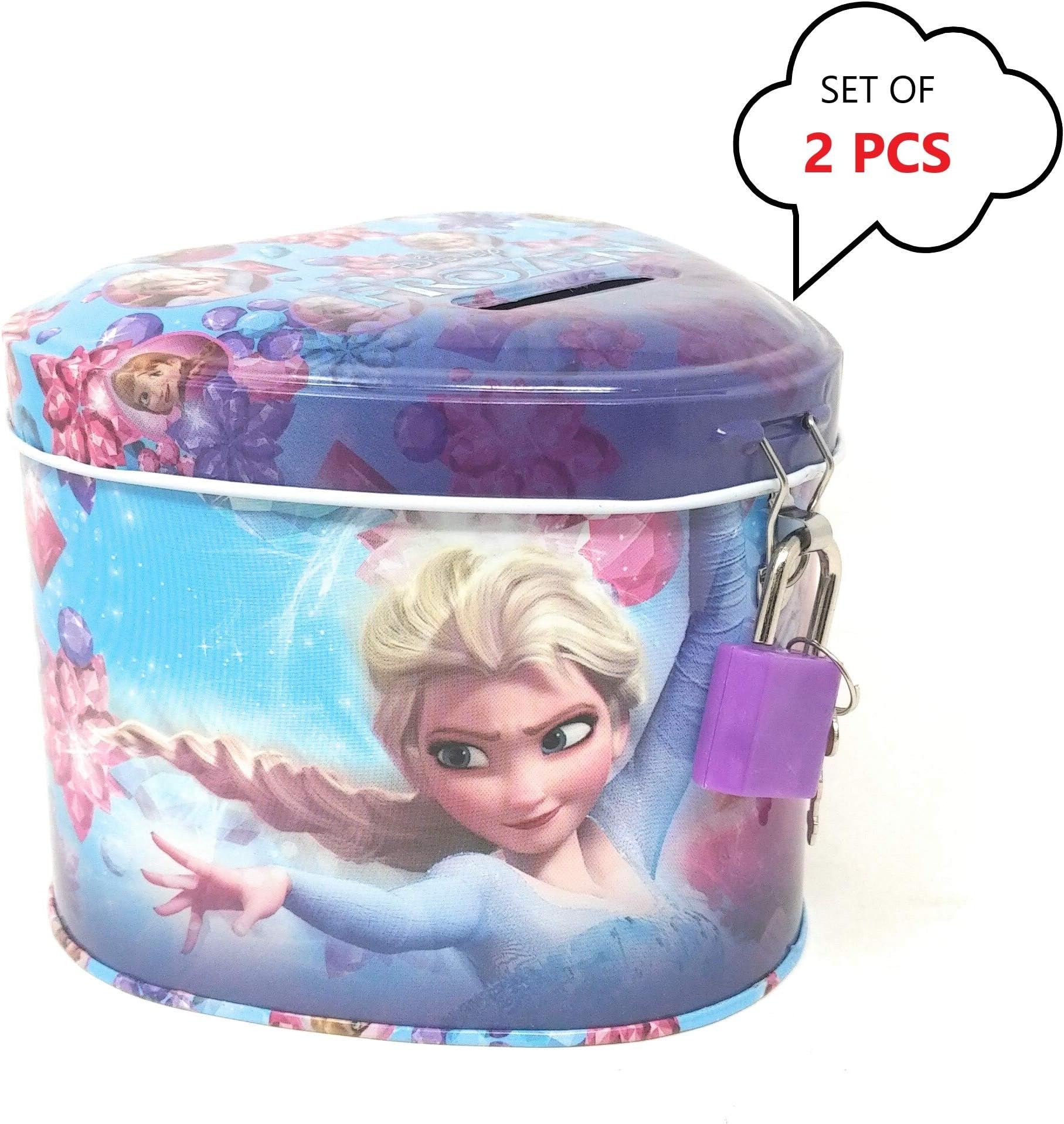 H M International Disney and Marvel Character Frozen Licensed Heart Shaped Metal Coin Bank , with Lock and Key (Set of 2 Piece)
