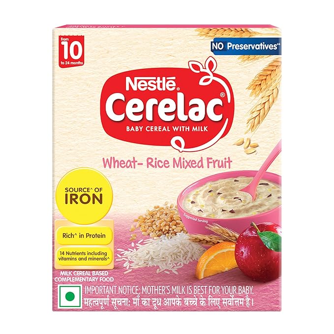 CERELAC Baby Food Cereal | No Refined Sugar | No Preservatives | Wheat Rice Mixed Fruit for 10 to 24 Months Baby | Omega 3 Iron Protein Calcium Vitamin D for Babies | Instant Cereal | 300g